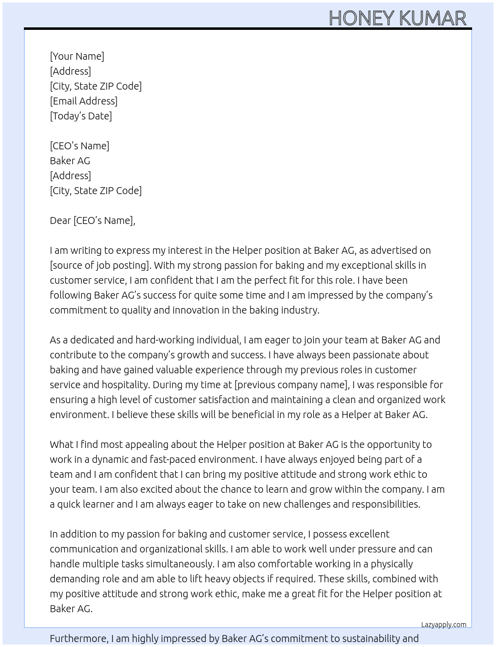 Helper  At Baker ag  Cover Letter