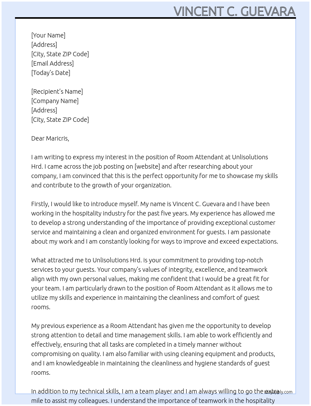 Room attendant At Unlisolutions Hrd. Cover Letter