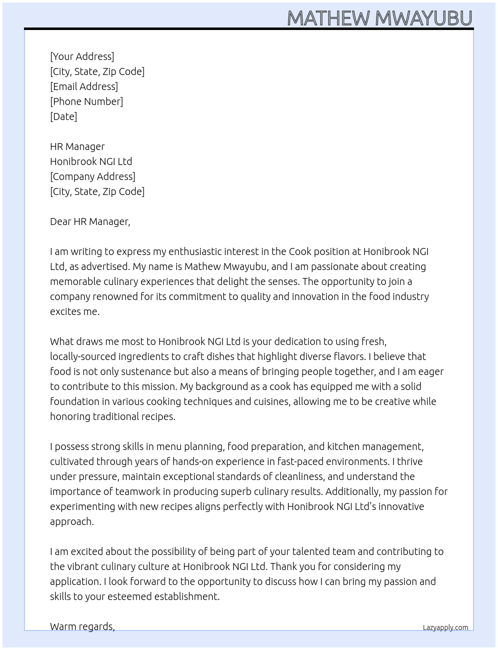 Cook At Honibrook NGI Ltd Cover Letter