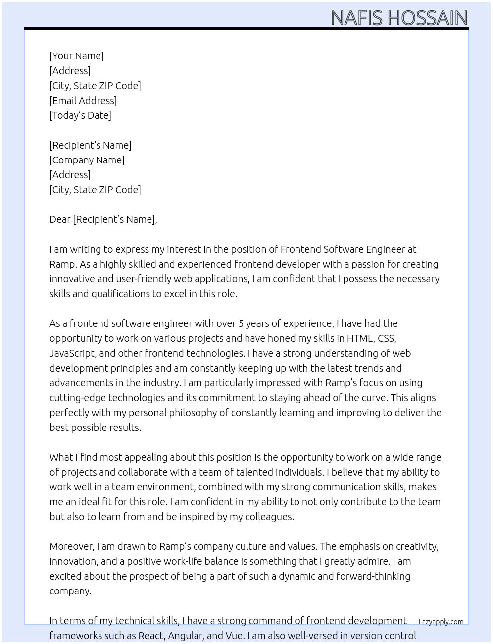 Frontend Software Engineer At Ramp Cover Letter