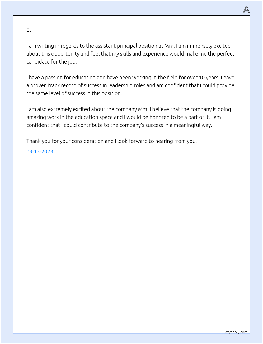 Assistant Principal At Mm Cover Letter