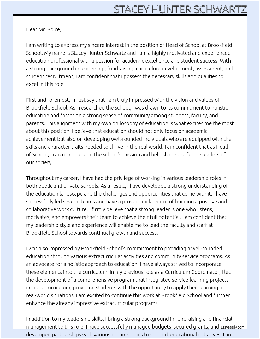 head of school At Brookfield School Cover Letter