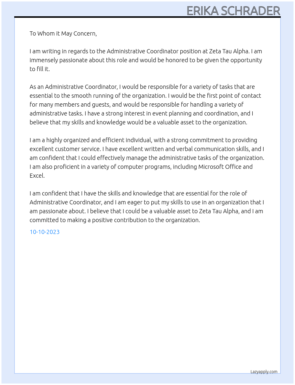 Administrative Coordinator At Zeta Tau Alpha Cover Letter