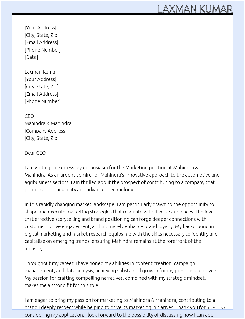 Marketing At Mahindra $ mahindra Cover Letter