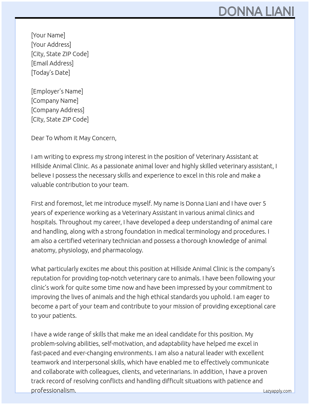 Veterinary Assistant At Hillside Animal Clinic Cover Letter