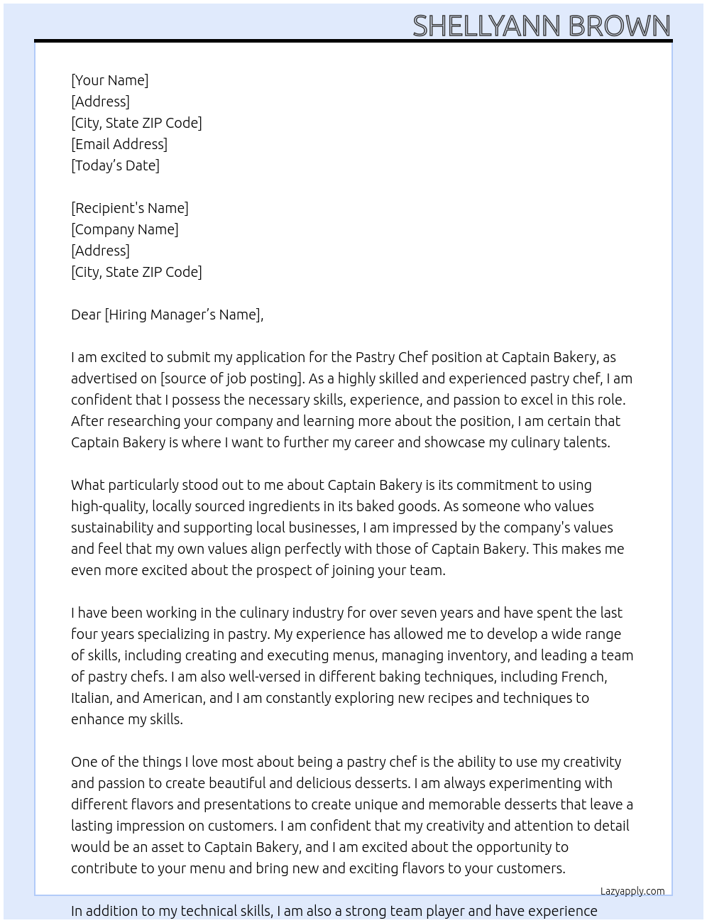 Pastry chef At Captain Bakery Cover Letter