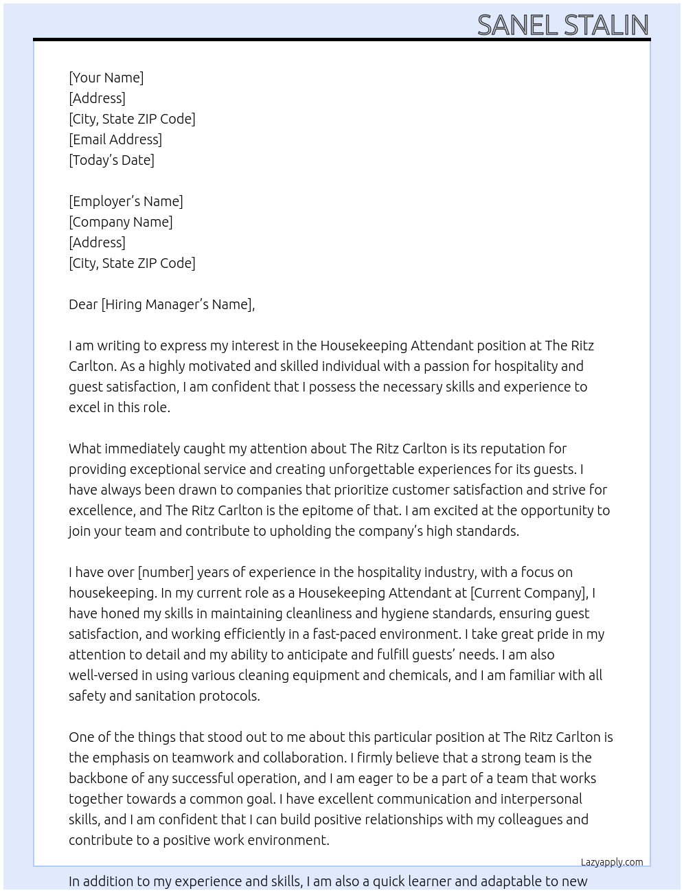 Housekeeping Attendant At The Ritz Carlton Cover Letter