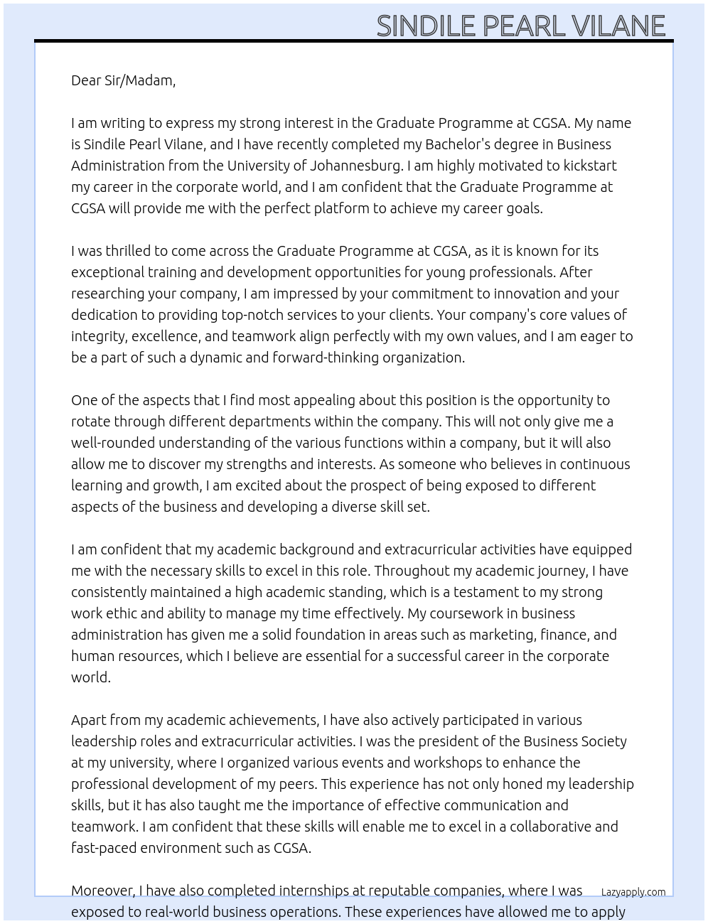 Cover letter for graduate programme - LazyApply