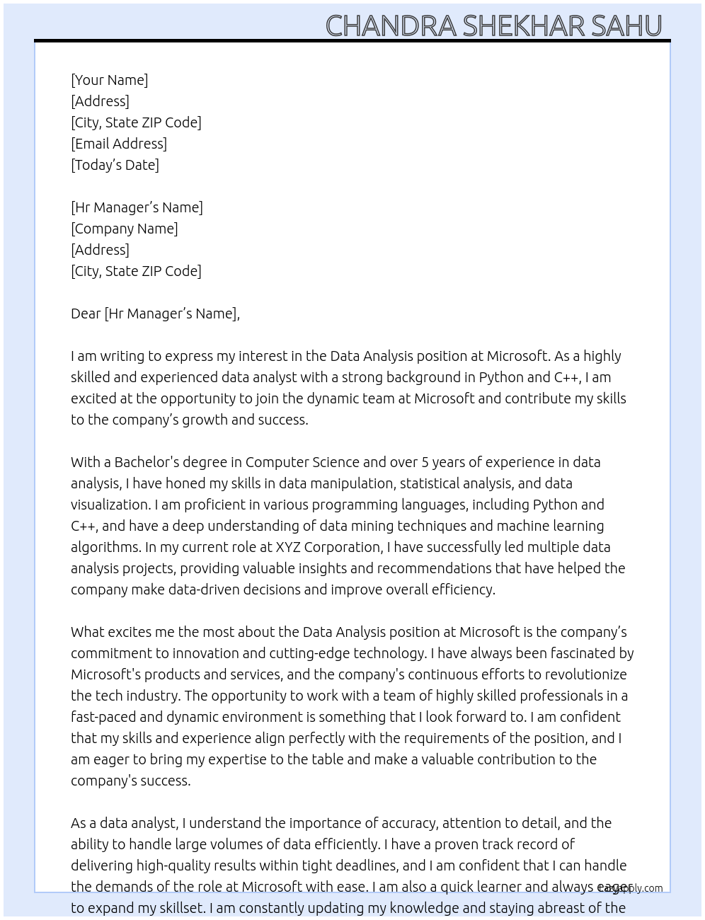 Data analysis At Microsoft Cover Letter