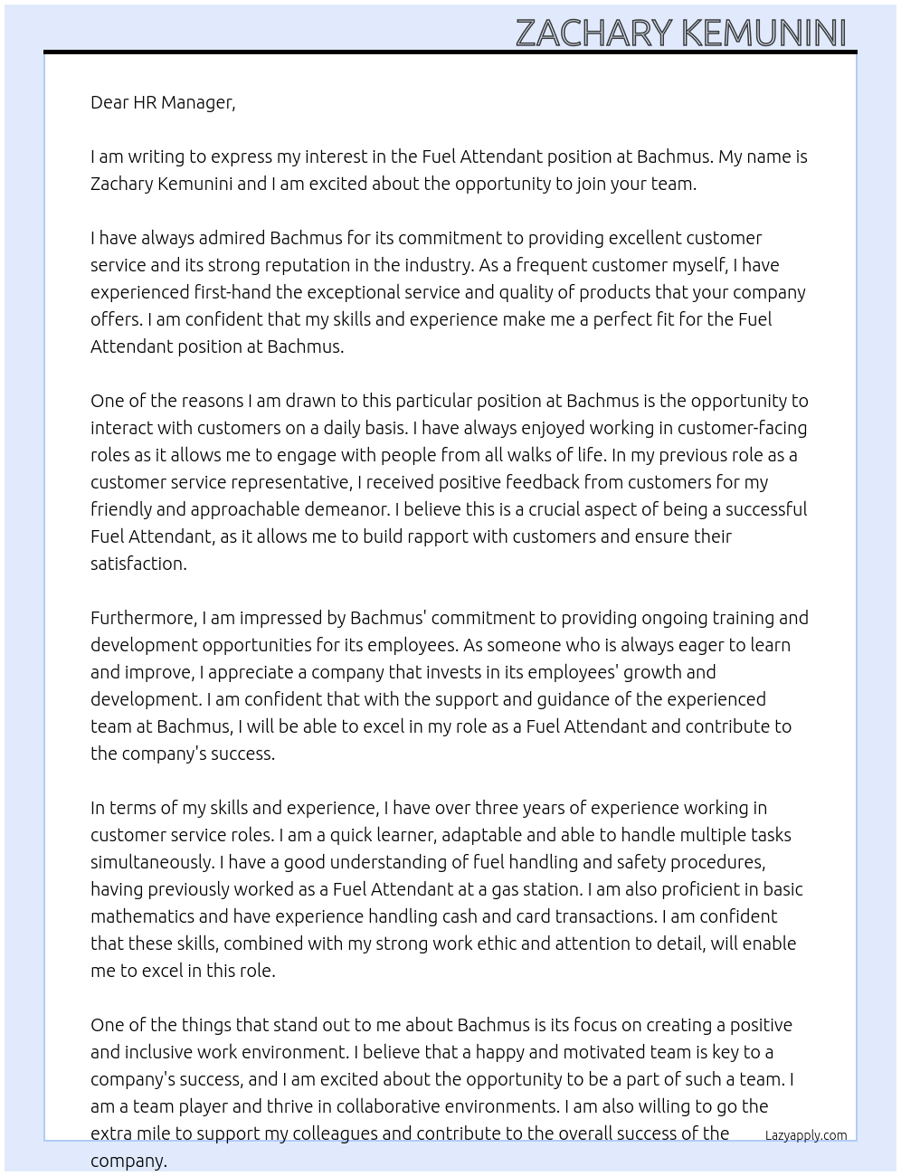 Fuel attendant At Bachmus Cover Letter