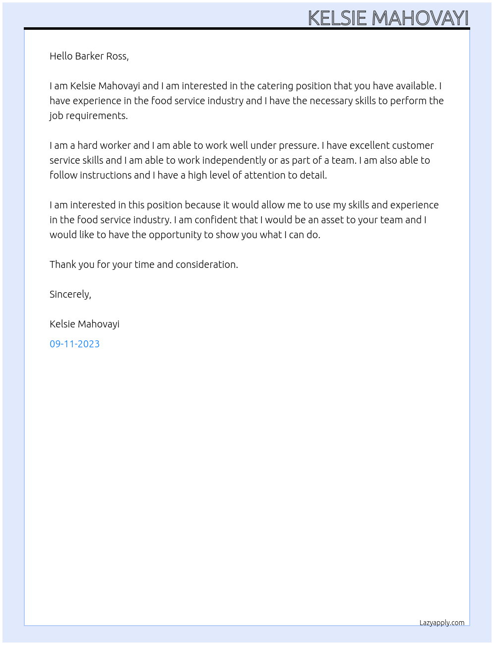 Catering At Barker Ross Cover Letter