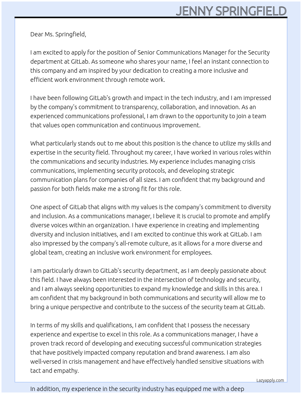 Senior communications manager, security At GitLab Cover Letter