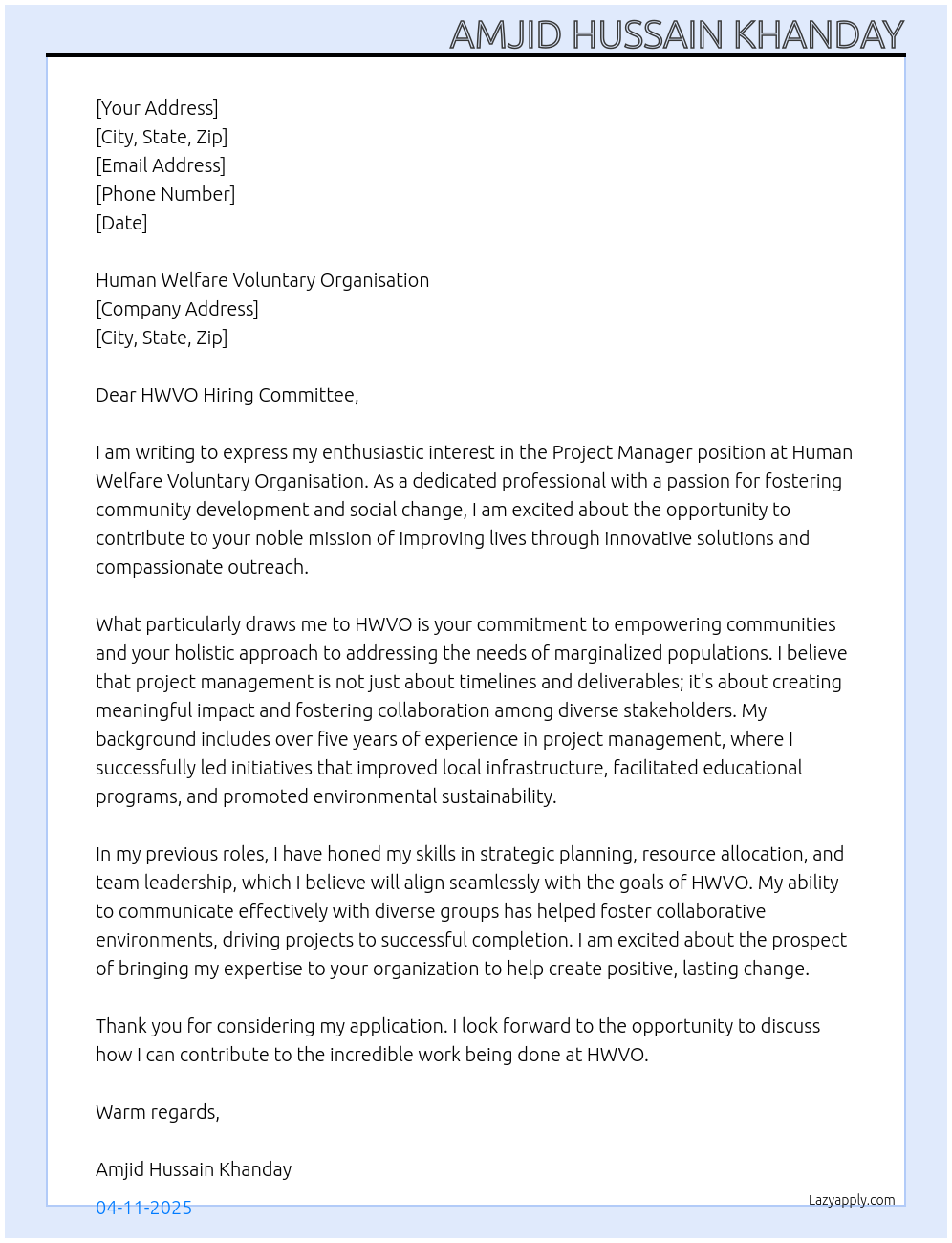 Project Manager At Human Welfare Voluntary Organisation Cover Letter