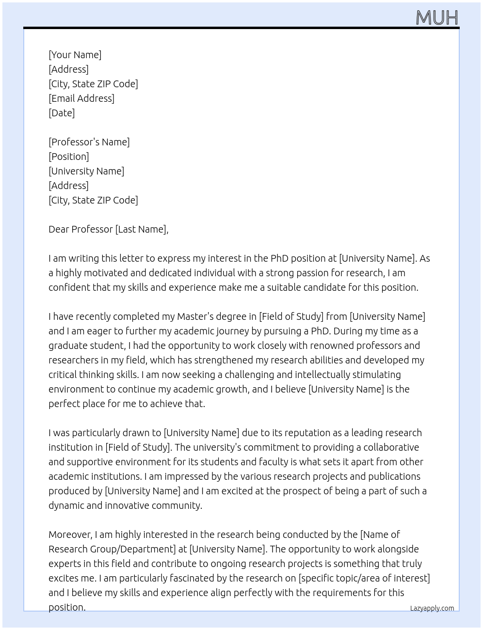 PhD At xx University Cover Letter