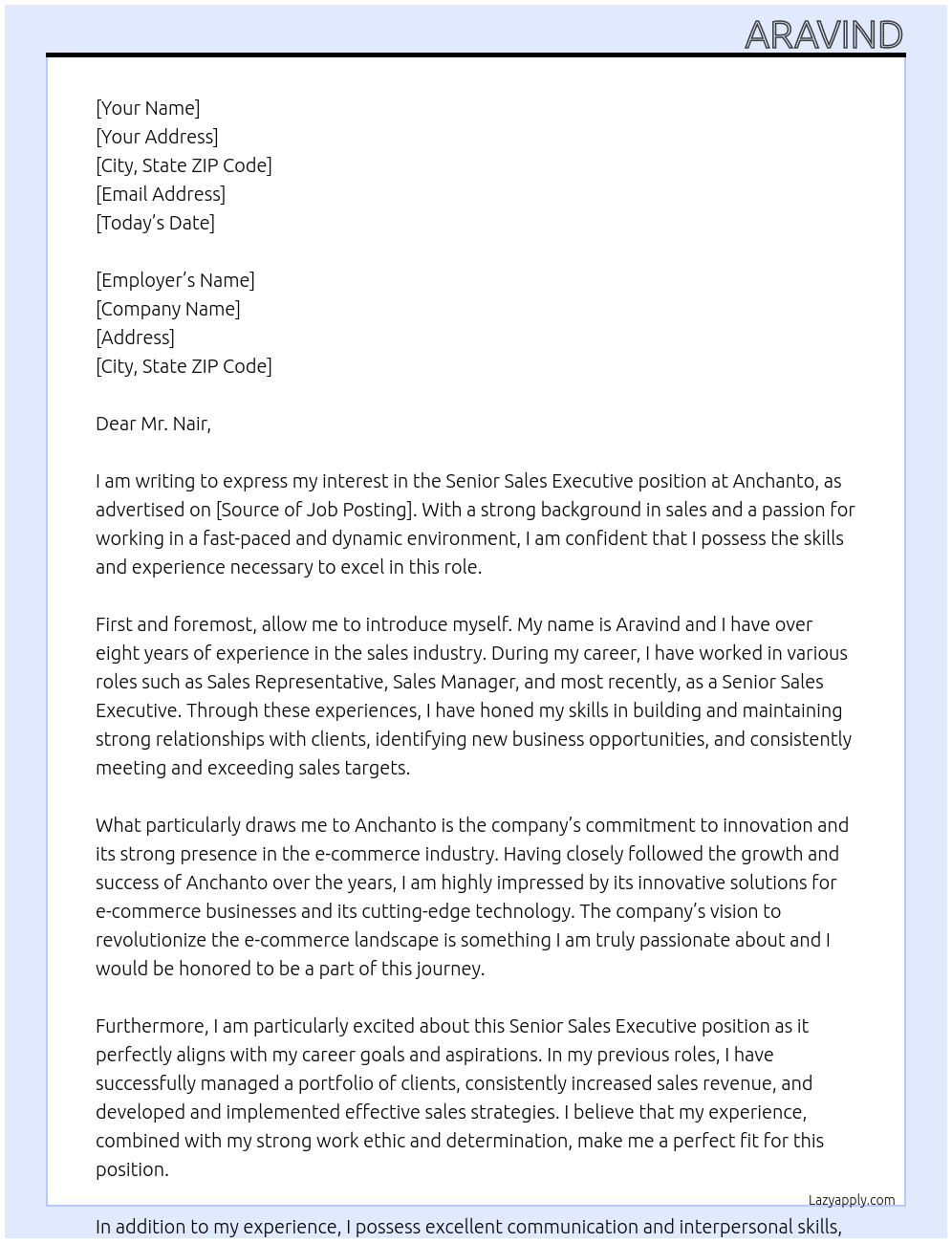 Senior sales executive At Anchanto Cover Letter