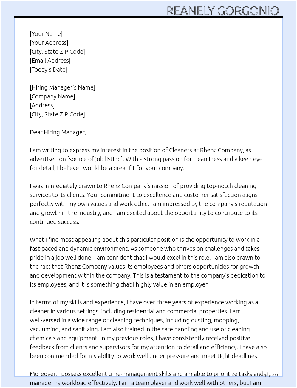 Cleaners  At Rhenz company Cover Letter