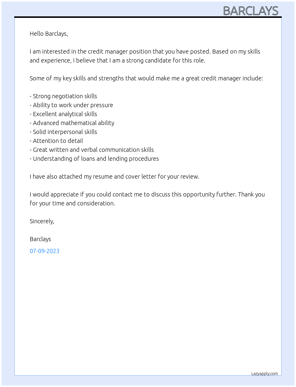 credit manager At Barclays Cover Letter