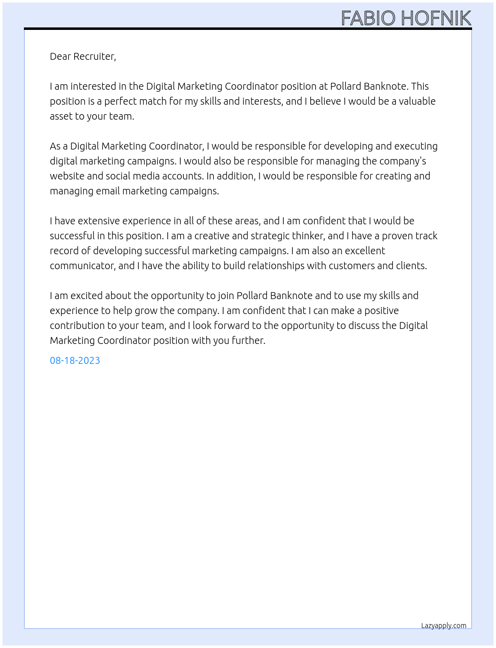 Digital Marketing Coordinator At Pollard Banknote Cover Letter