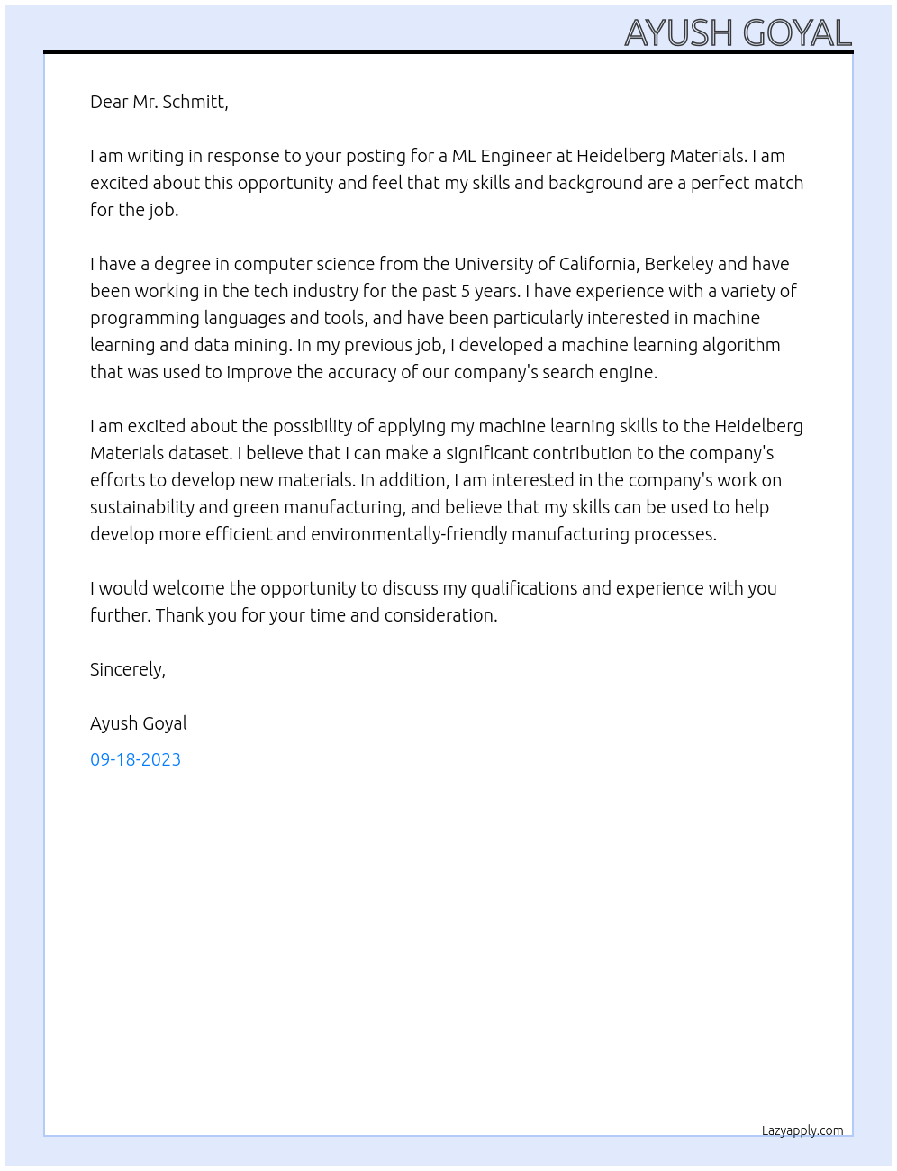 ML Engineer At Heidelberg Materials Cover Letter