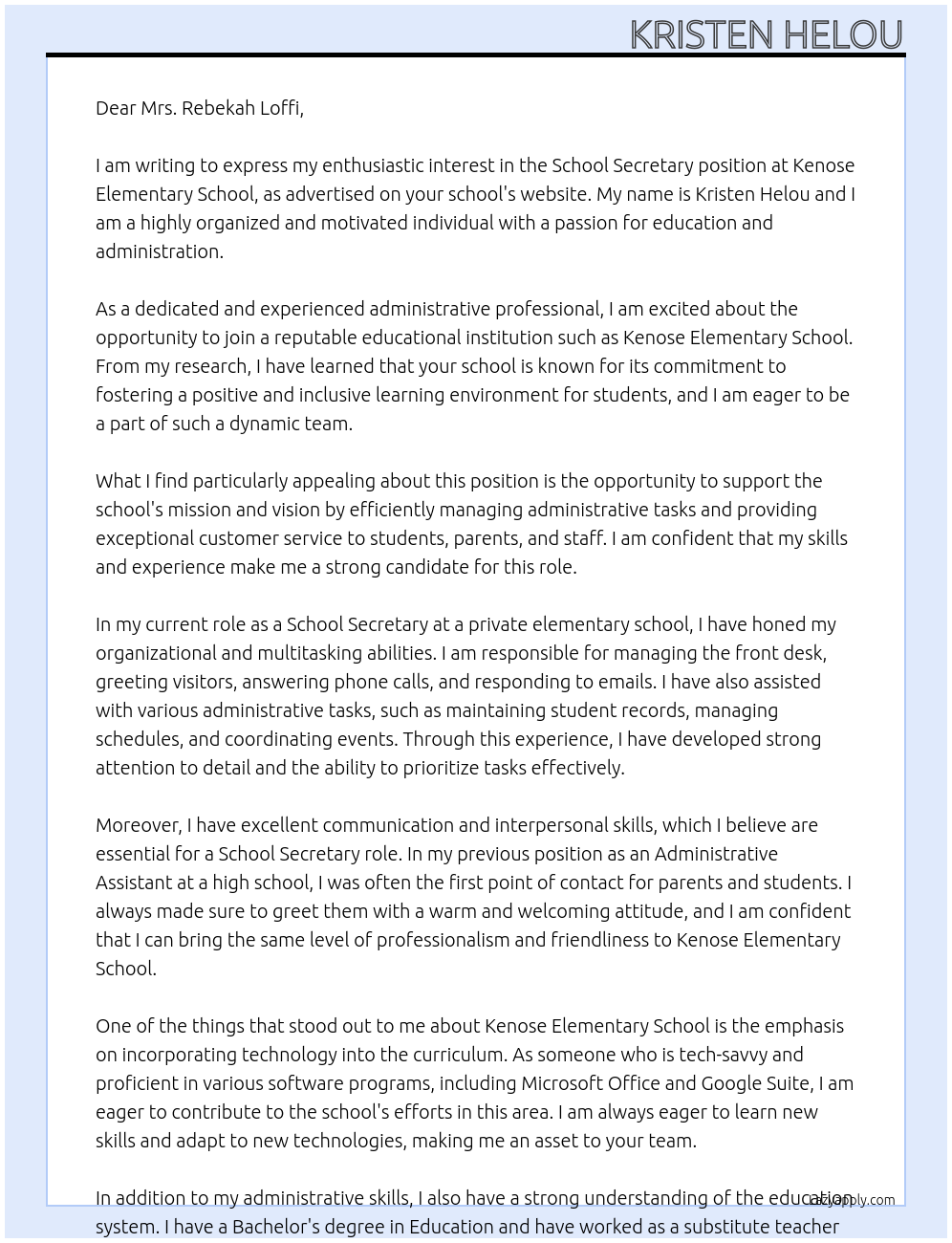 School Secretary At Kenose Elementary School Cover Letter