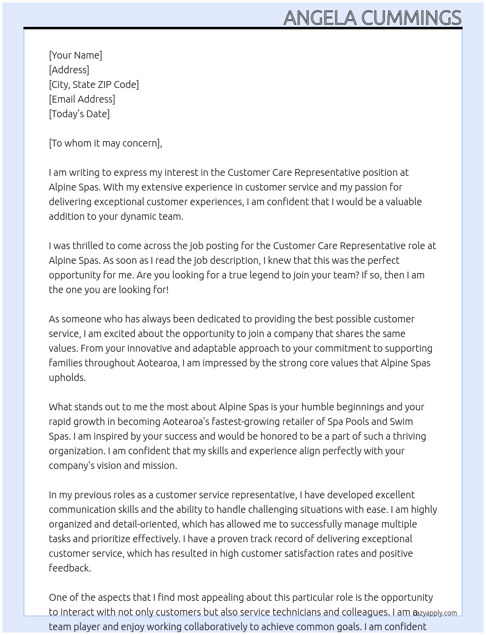 Customer Care Representative At Apline Spas Cover Letter