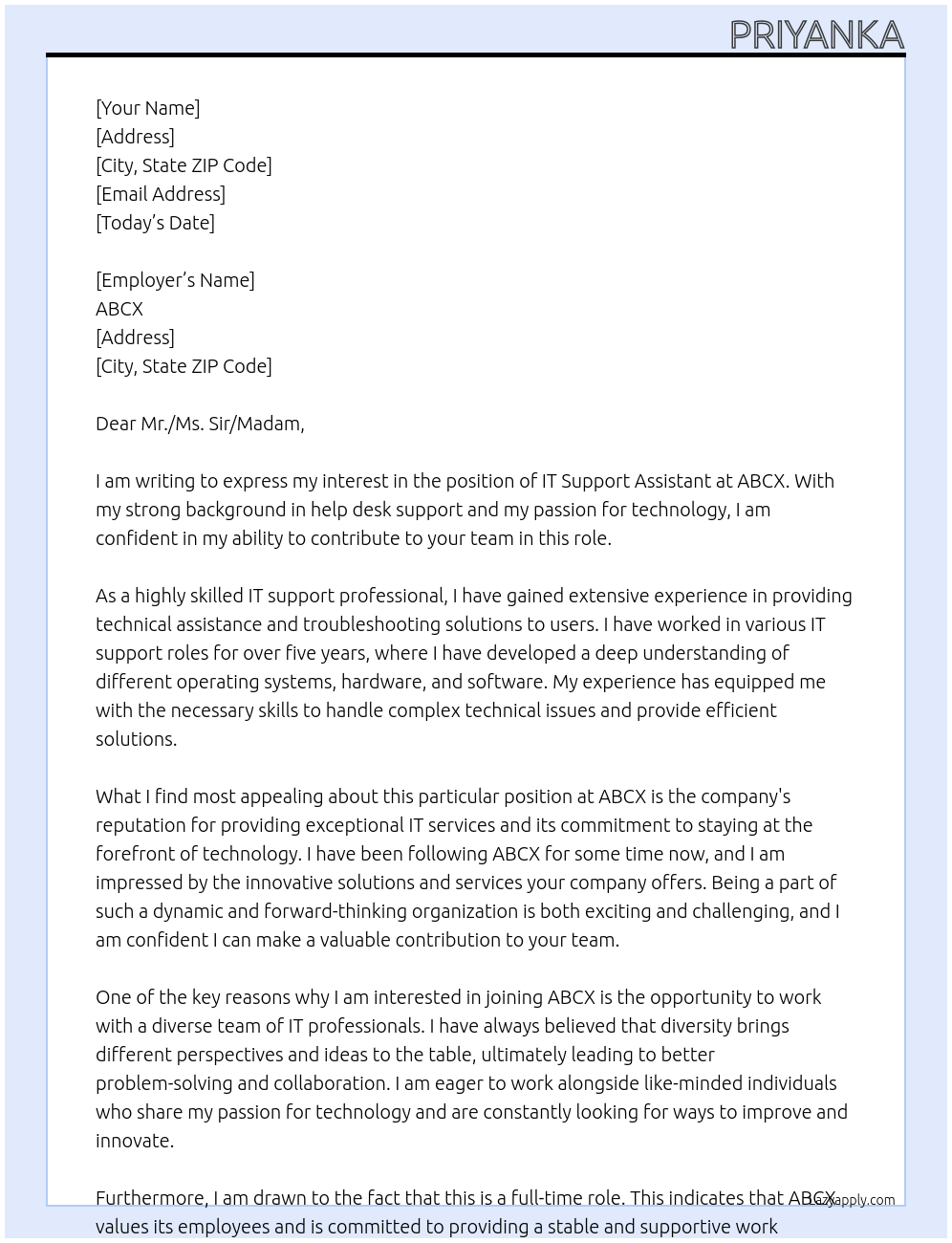 IT support Assistant At ABCX Cover Letter