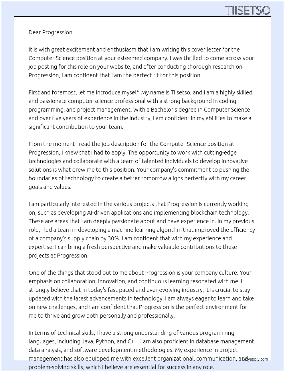 Computer Science At Progression Cover Letter