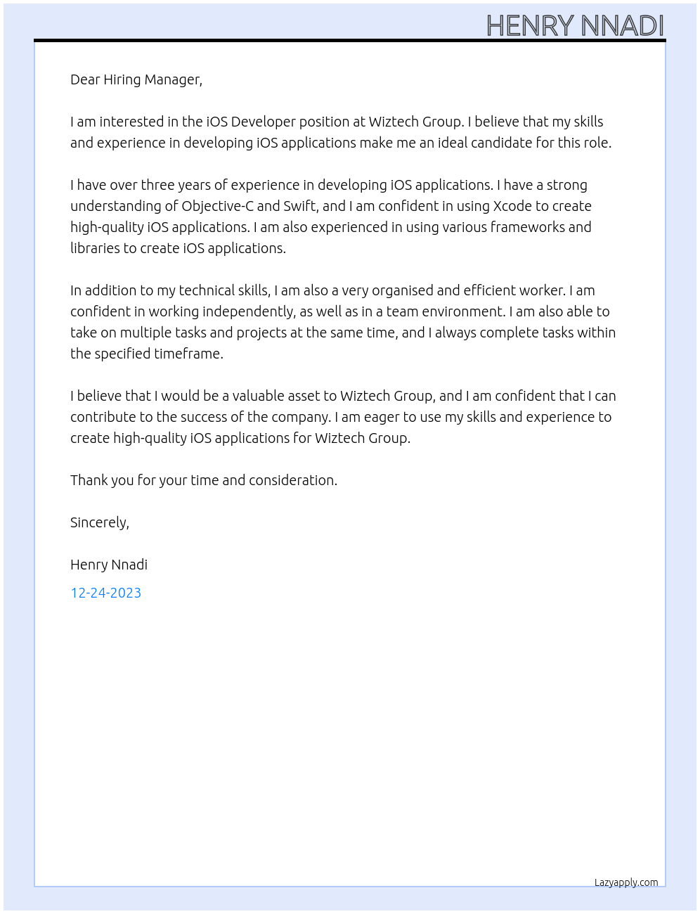 iOS Developer At Wiztech Group Cover Letter