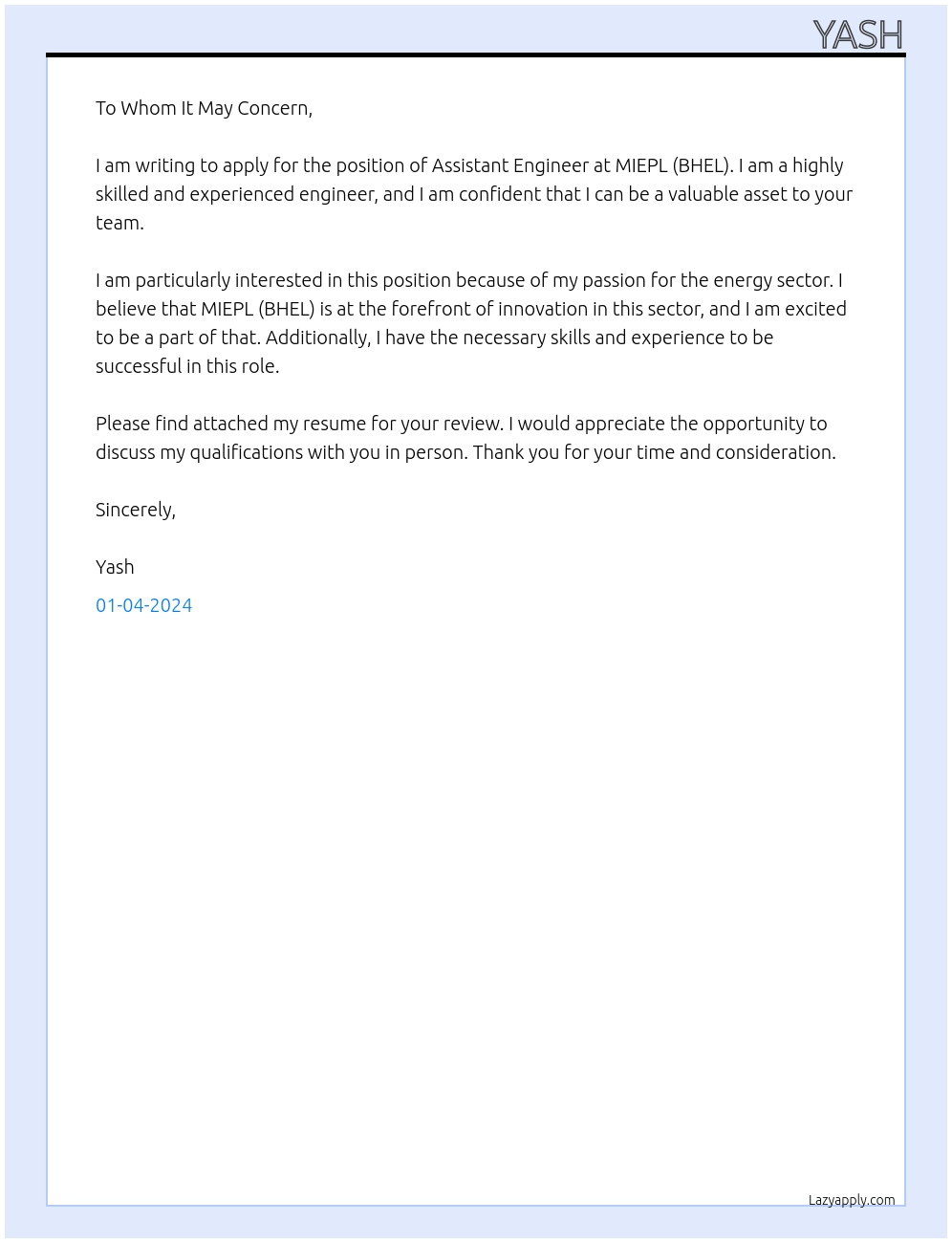 Assistant Engineer At MIEPL (BHEL) Cover Letter