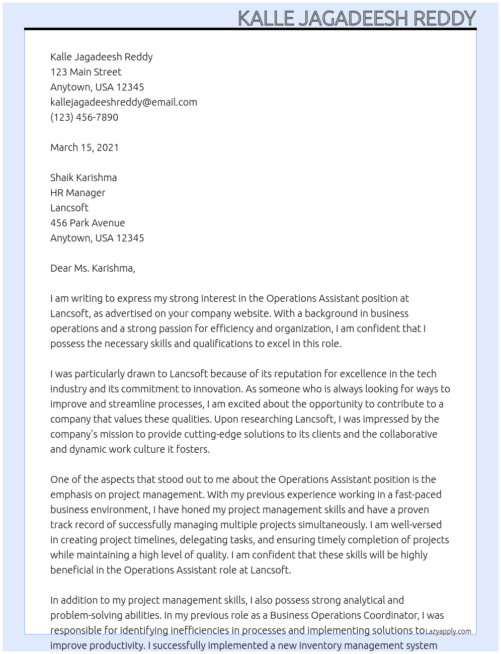 Operations Assistant At Lancsoft Cover Letter