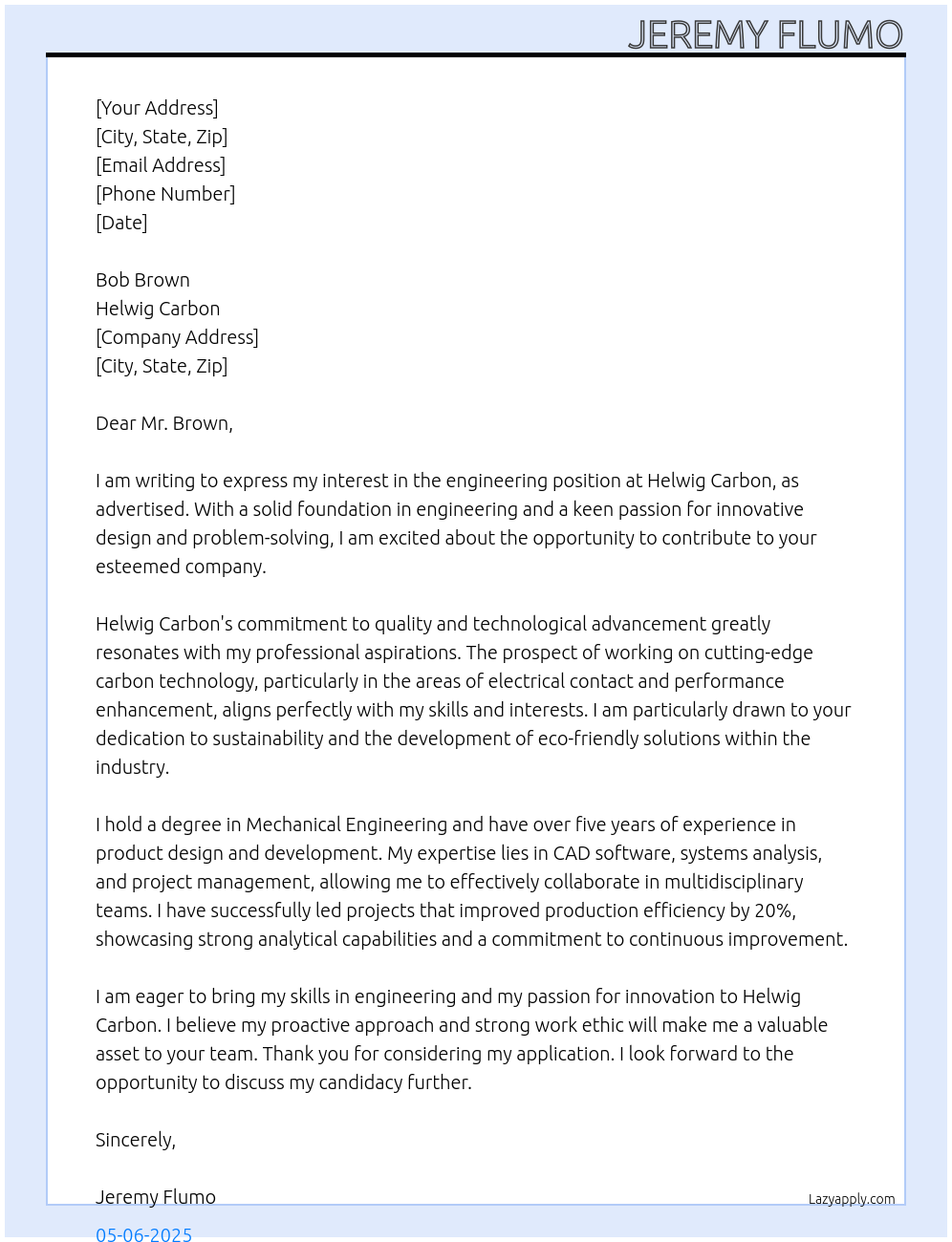 engineering At helwig carbon Cover Letter