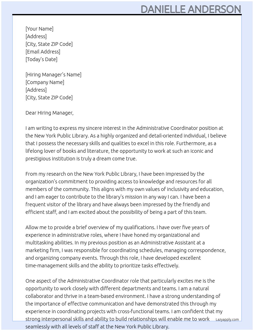 Administrative coordinator At New York public library Cover Letter