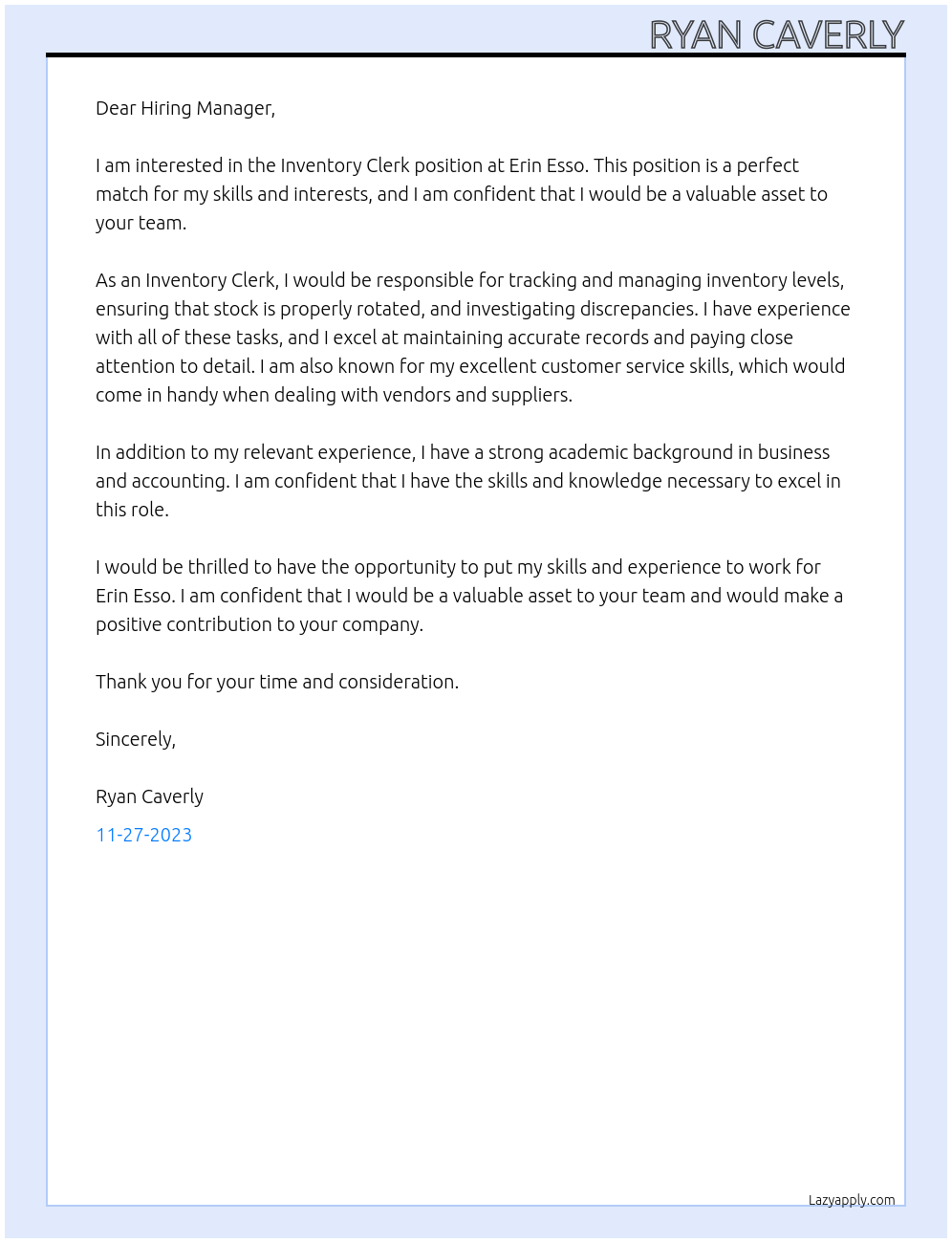 Inventory Clerk At Erin Esso Cover Letter