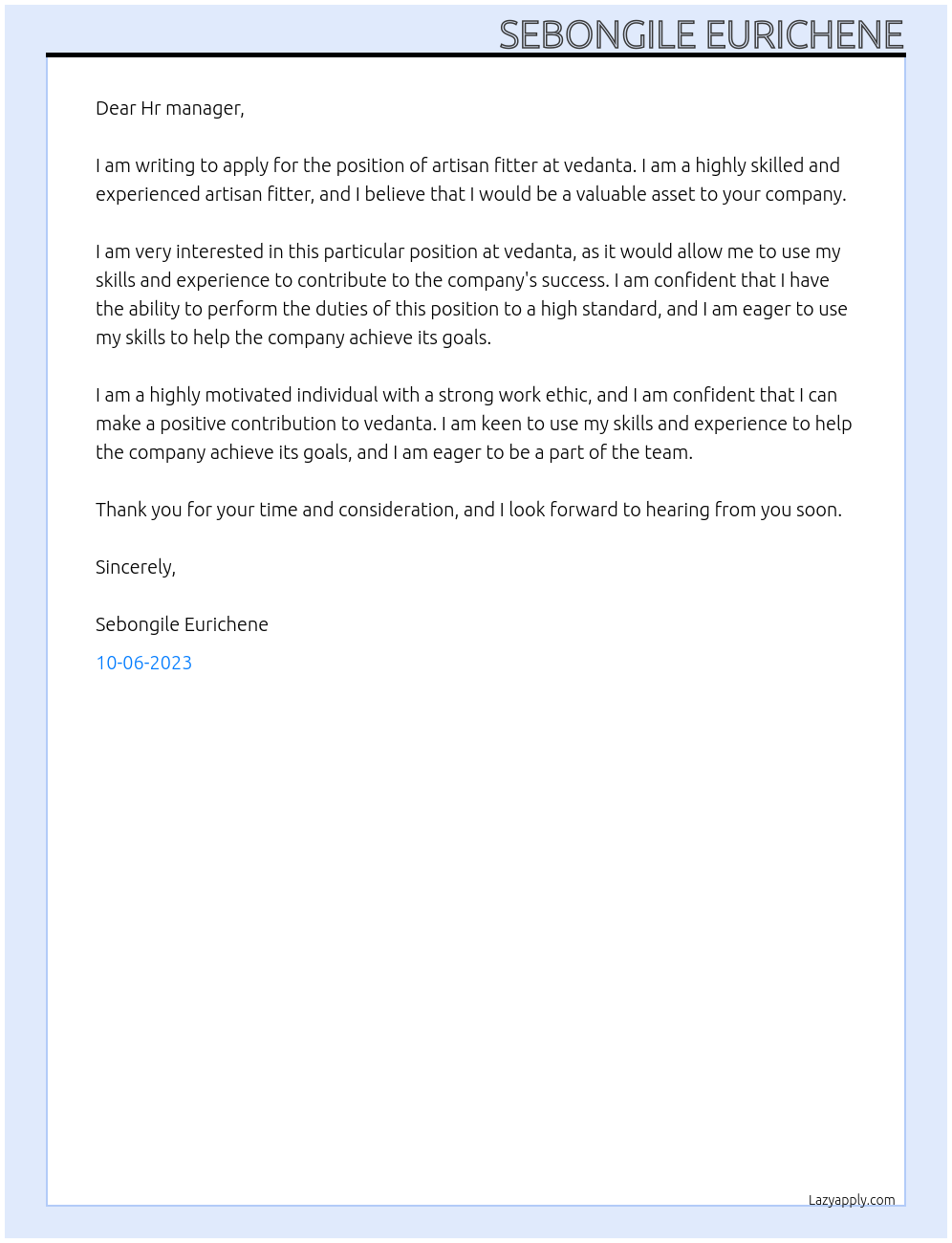 Artisan fitter At vedanta  Cover Letter