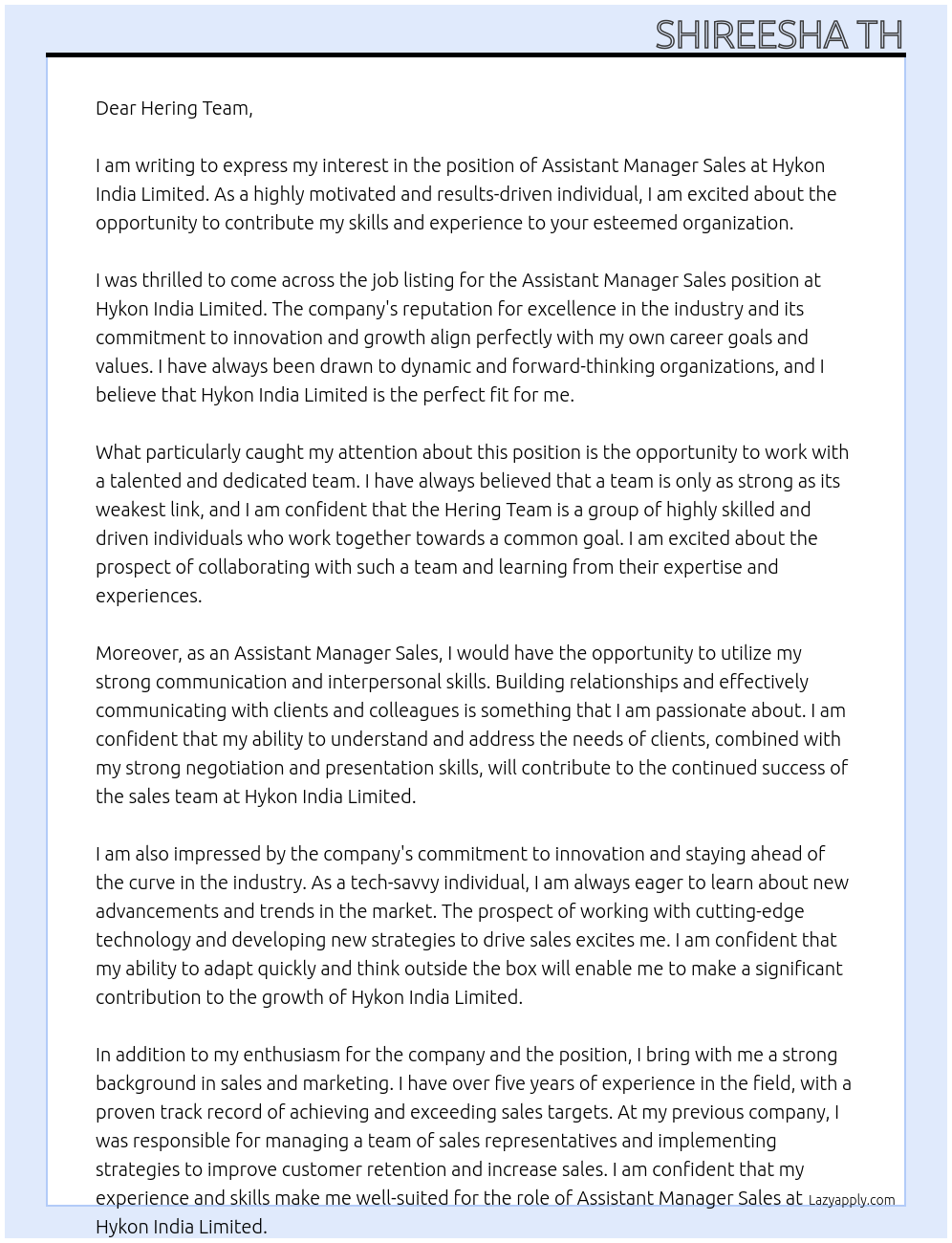 Assistant Manager sales At Hykon India Limited Cover Letter