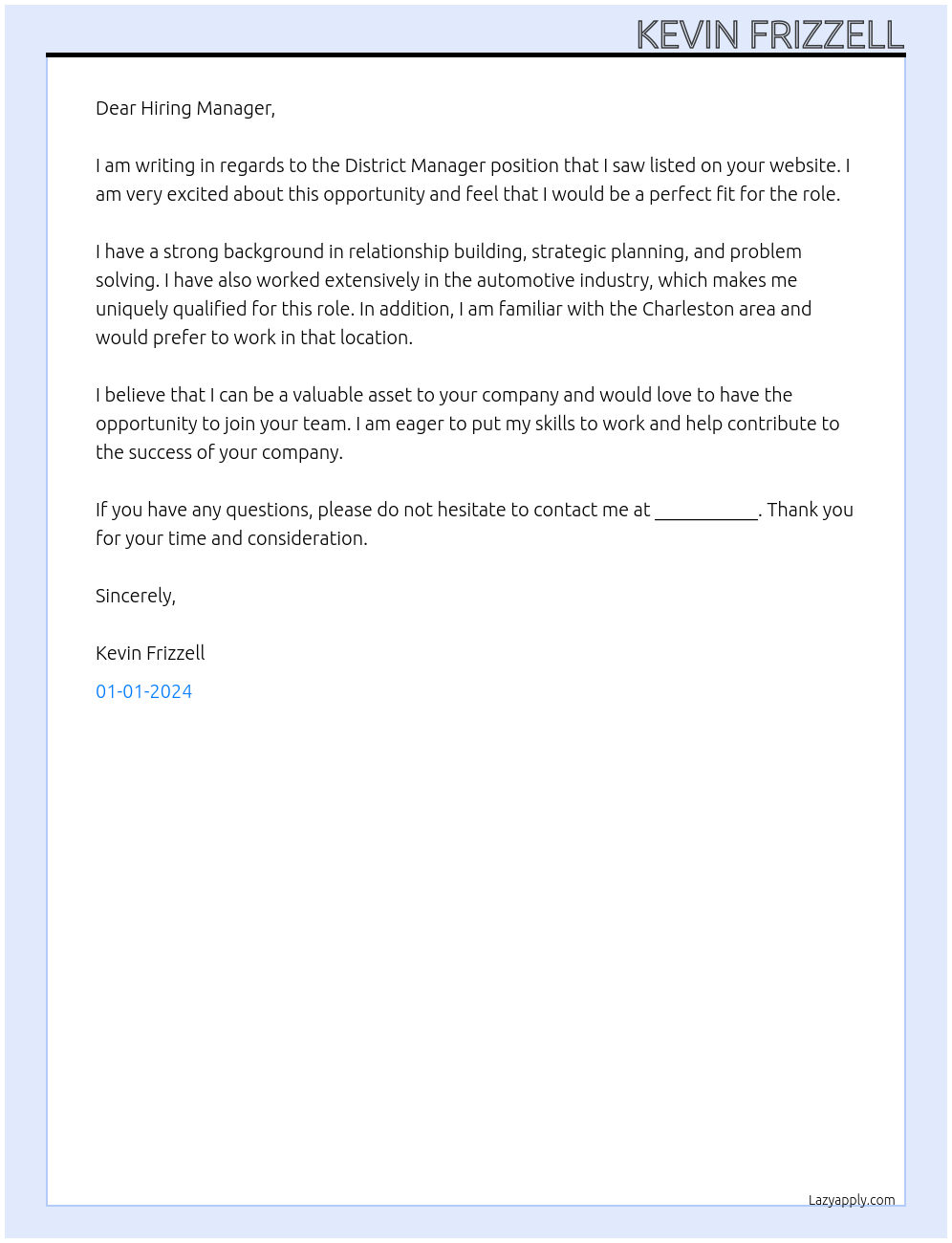 District Manager At White horse Auto Wash Cover Letter