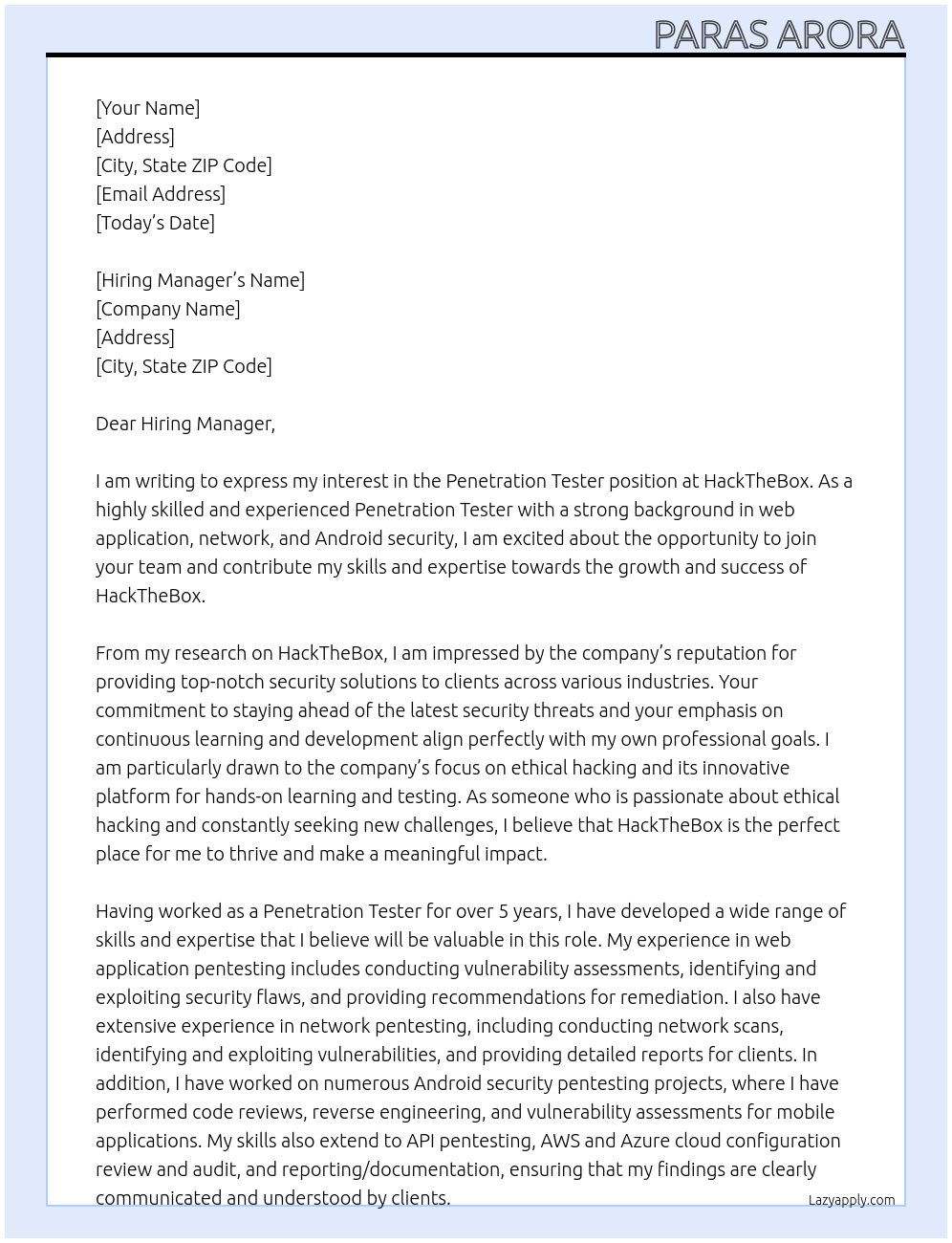 Penetration Tester At HackTheBox Cover Letter