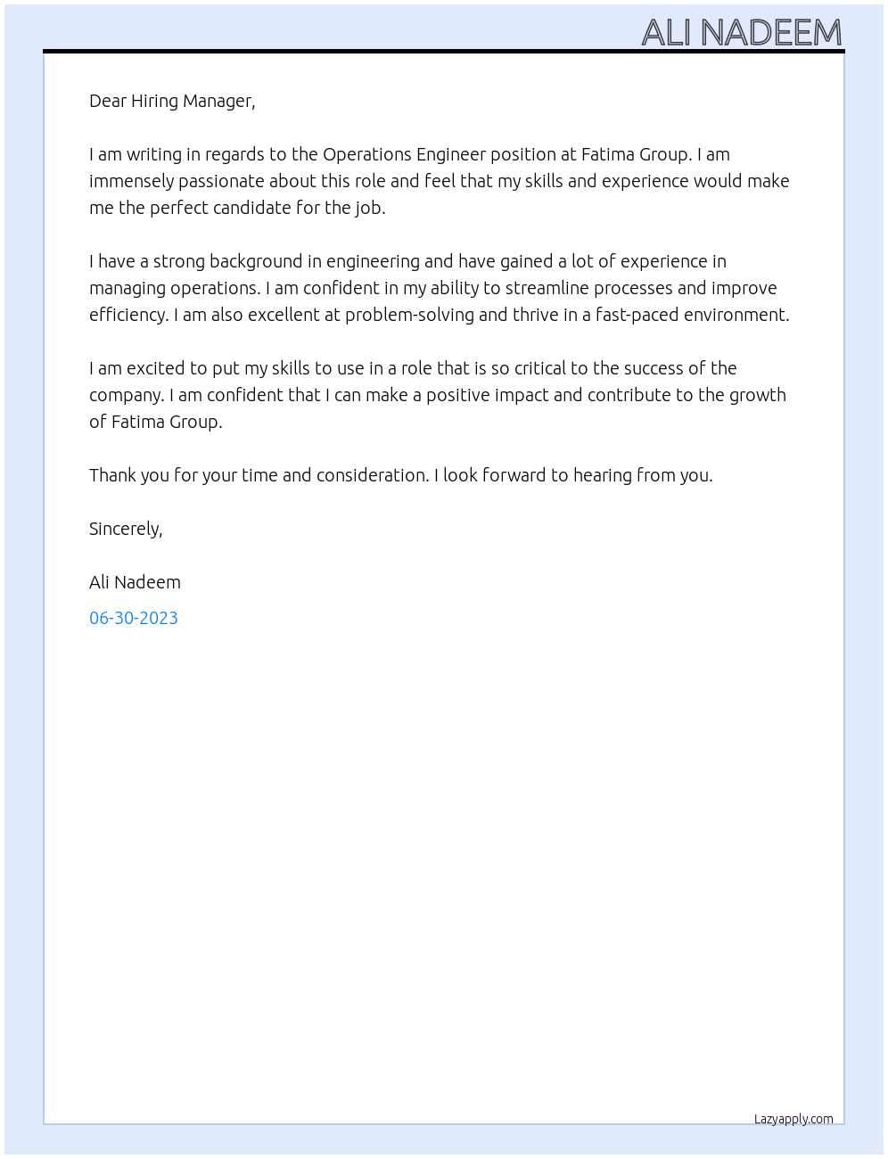 Operations Engineer At Fatima Group Cover Letter