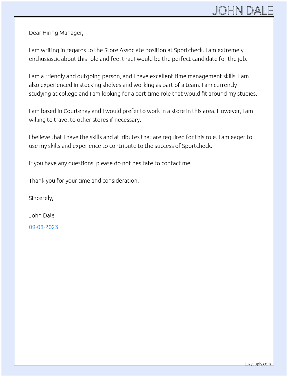 Store Associate At Sportcheck Cover Letter