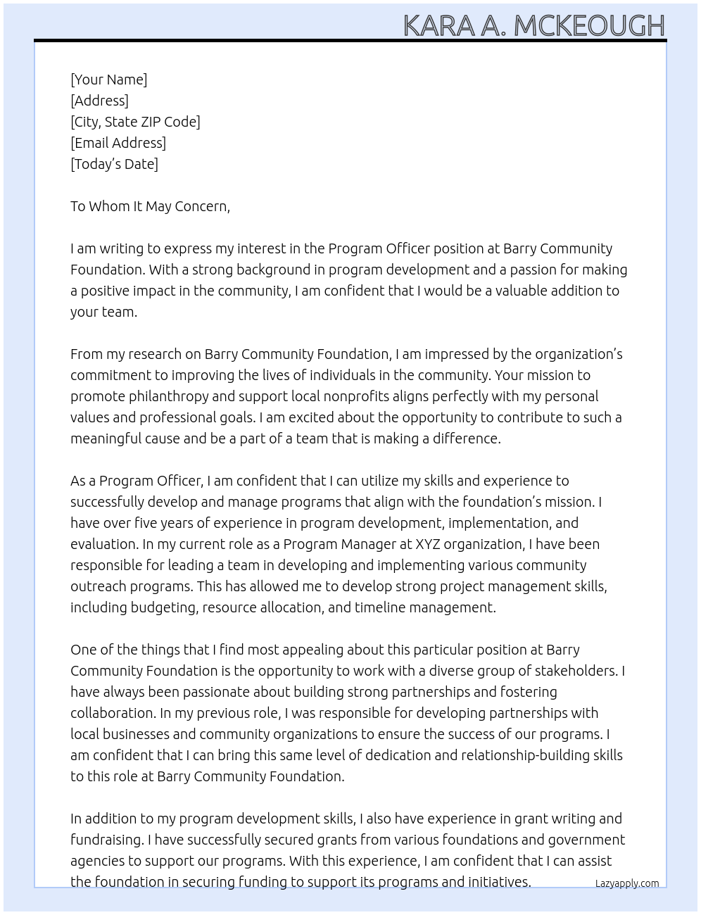 Program Officer At Barry Community Foundation Cover Letter
