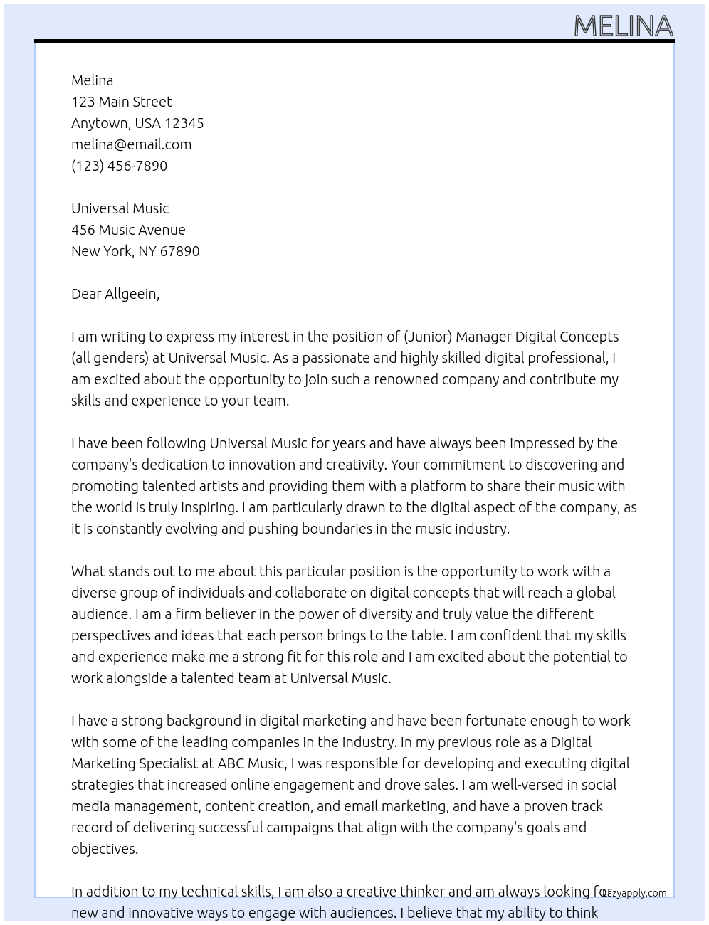 (Junior) Manager Digital Concepts (all genders) At Universal Music Cover Letter