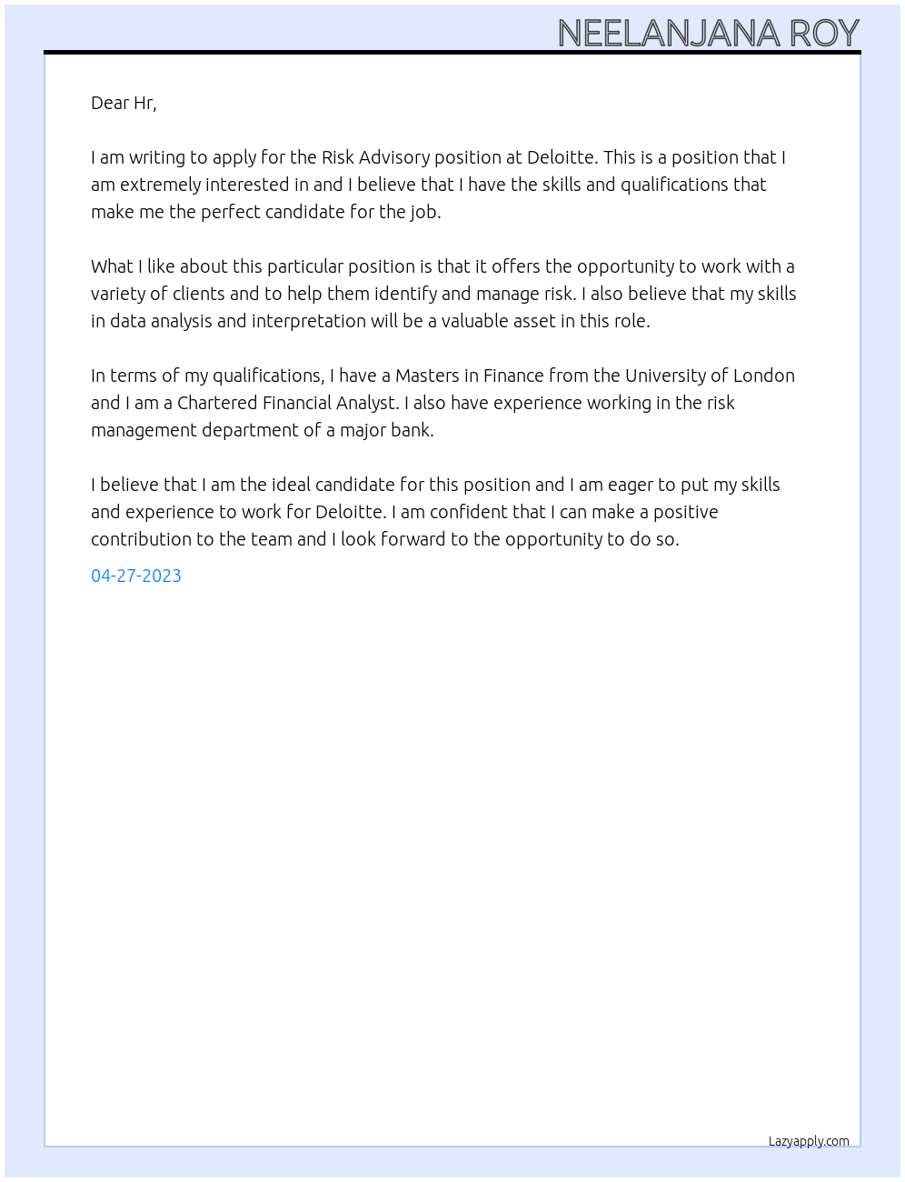 Risk Advisory At Deloitte Cover Letter