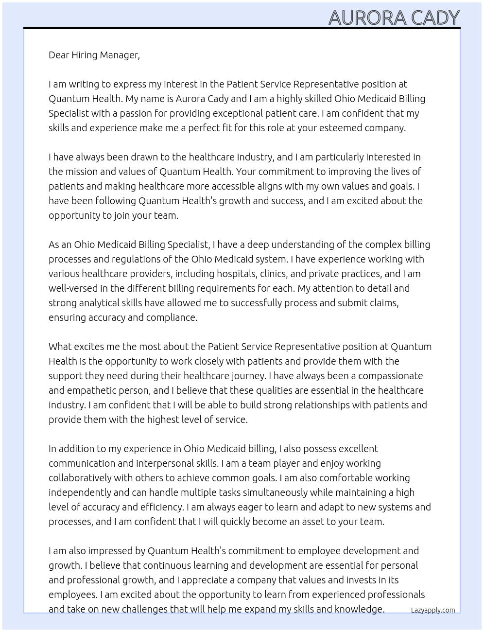 Patient Service Representative At Quantum Health Cover Letter