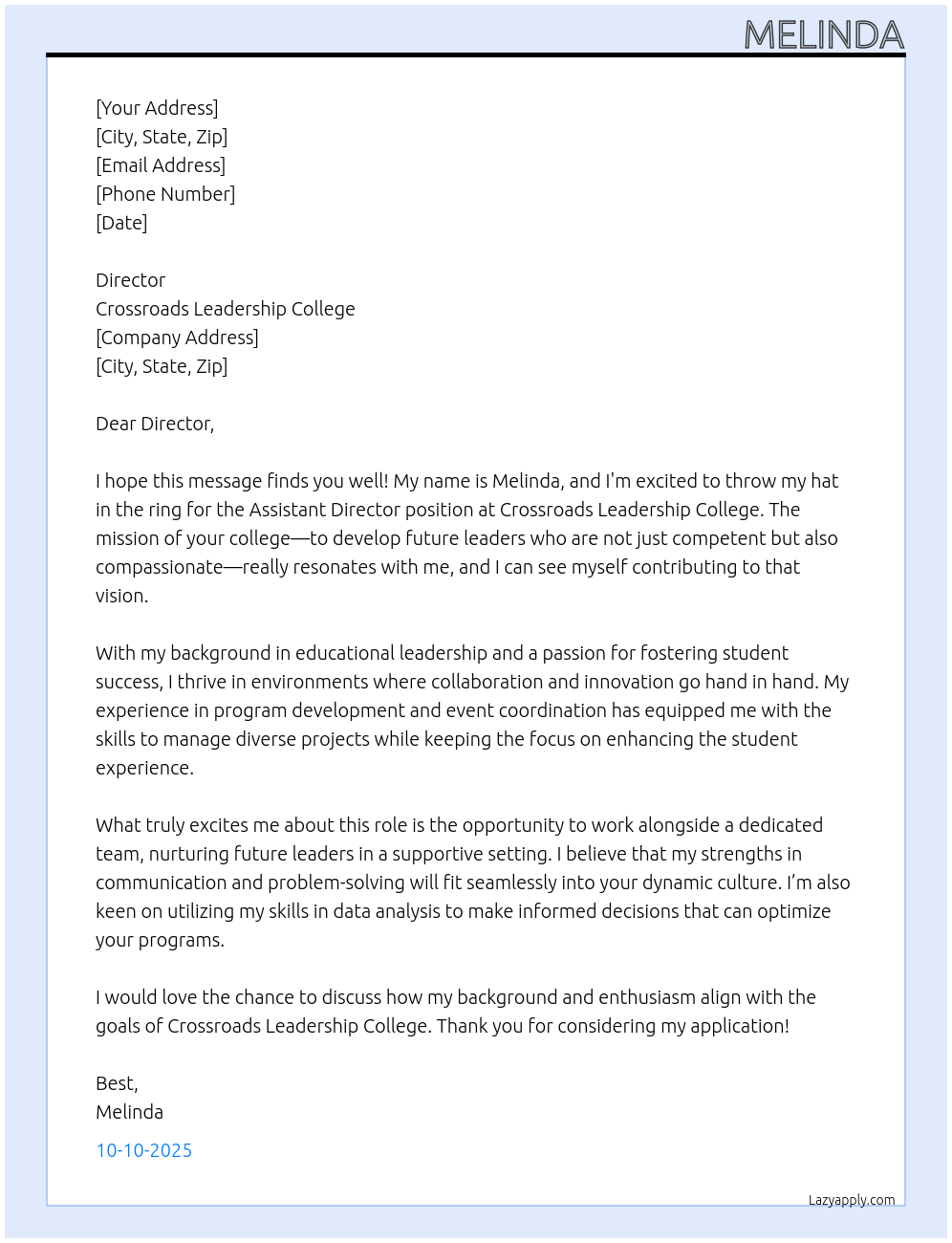 Cover letter for assistant director - LazyApply