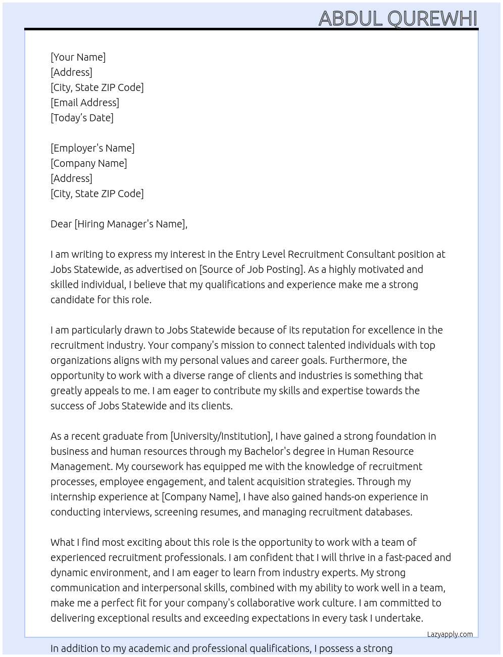 Entry Level - Recruitment Consultant At Jobs Statewide Cover Letter