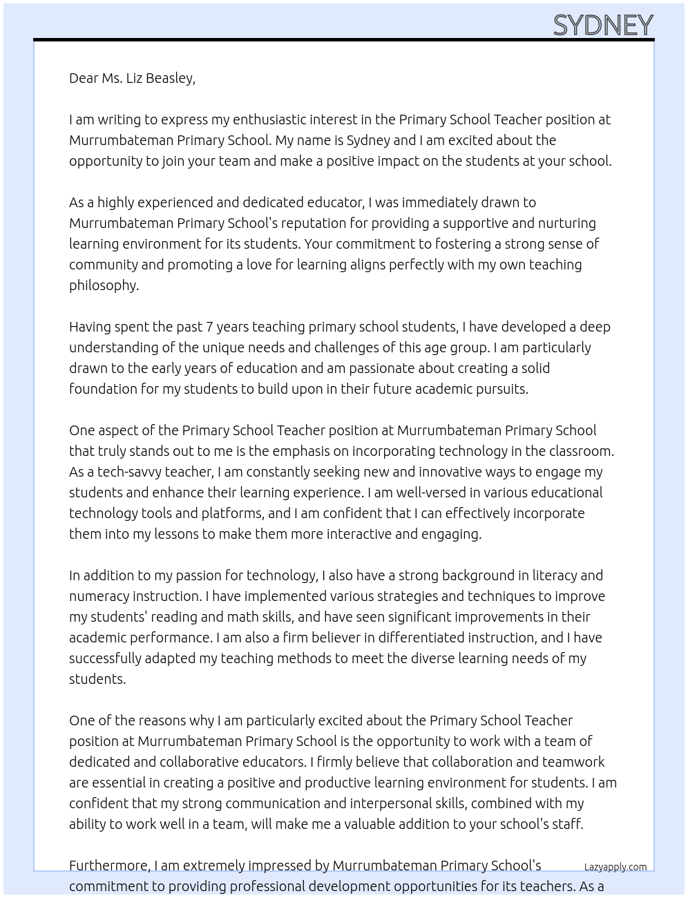 Primary School Teacher At Murrumbateman Primary School Cover Letter