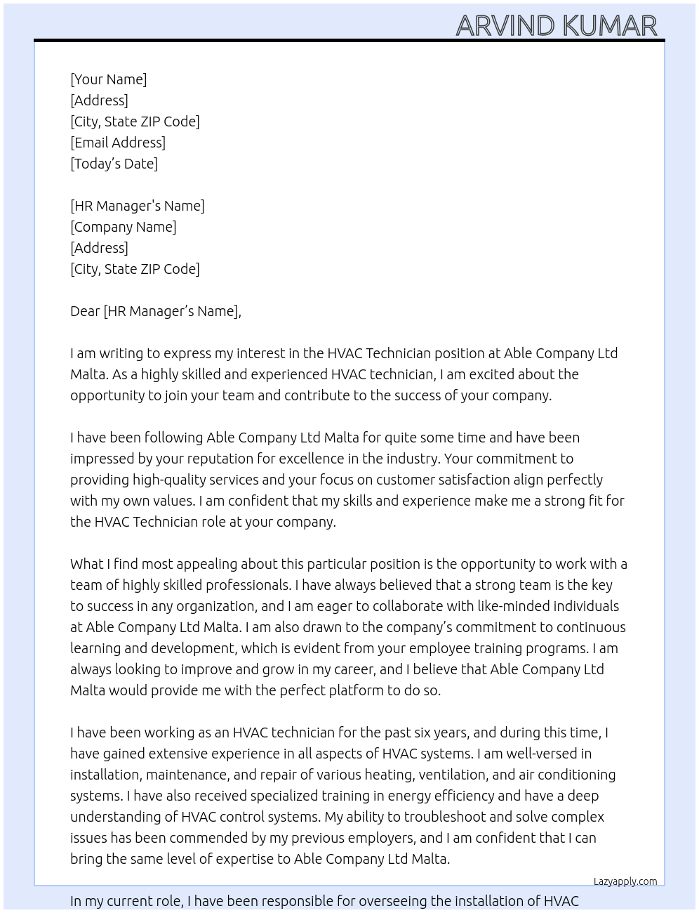 HVAC technician At Able company ltd malta Cover Letter