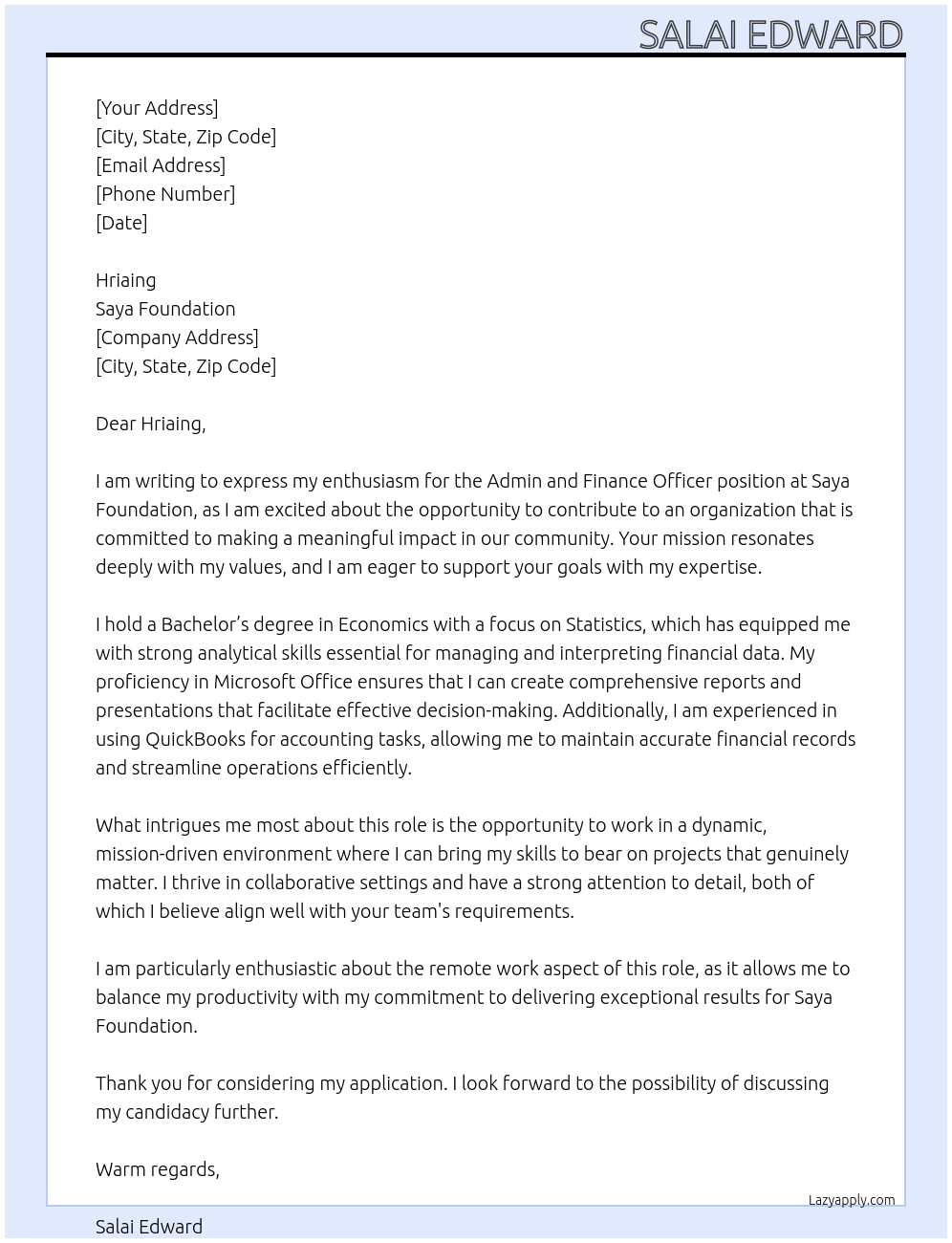 Admin And Finance Officer At Saya Foundation Cover Letter