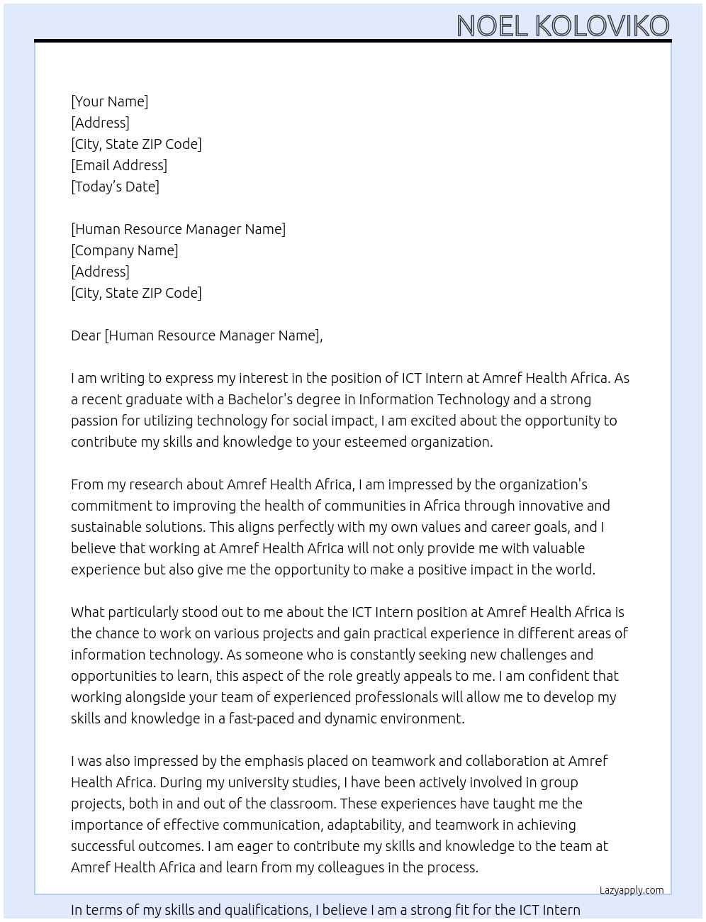 ICT intern At Amref Health Africa Cover Letter