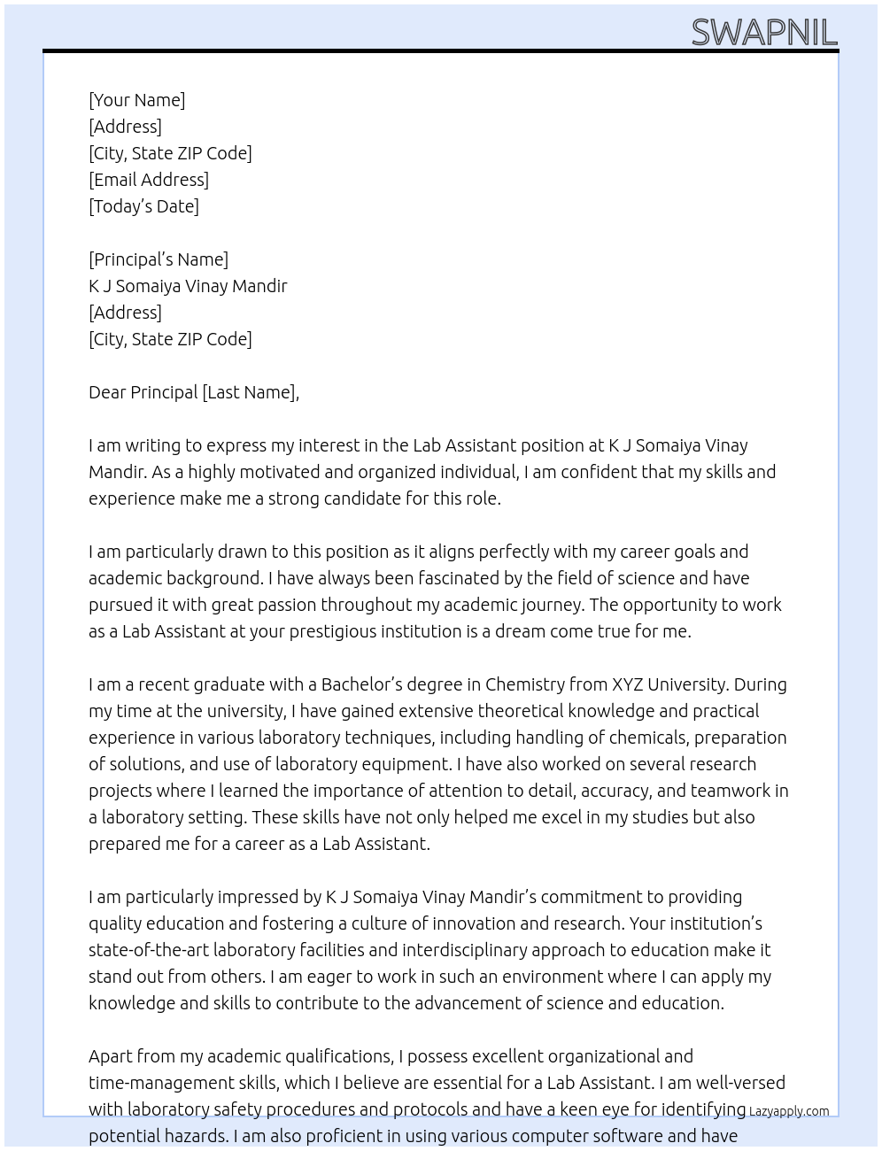 Lab Assistant At K J Somaiya Vinay Mandir Cover Letter